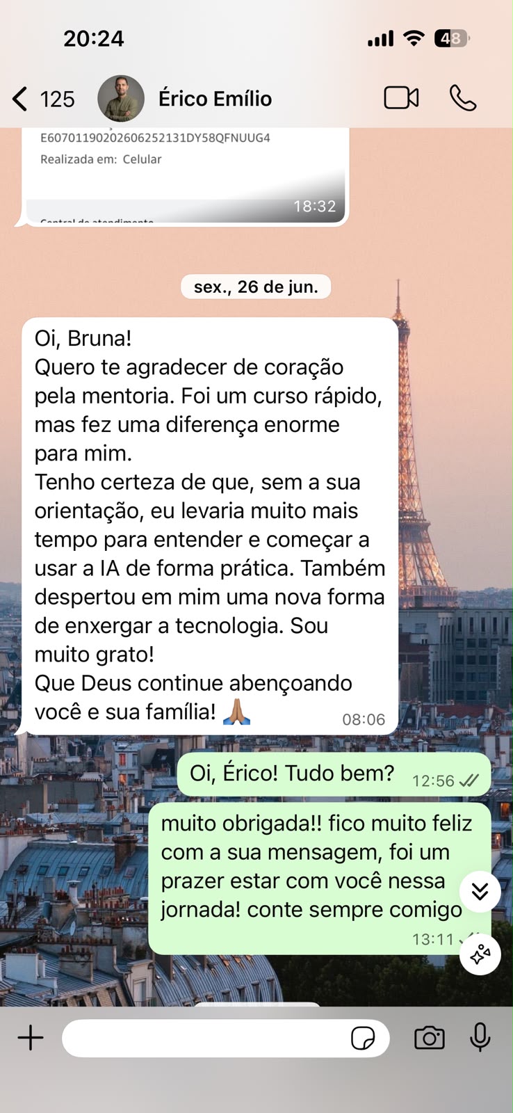 Print de mensagem do Érico agradecendo a mentoria com a Bruna