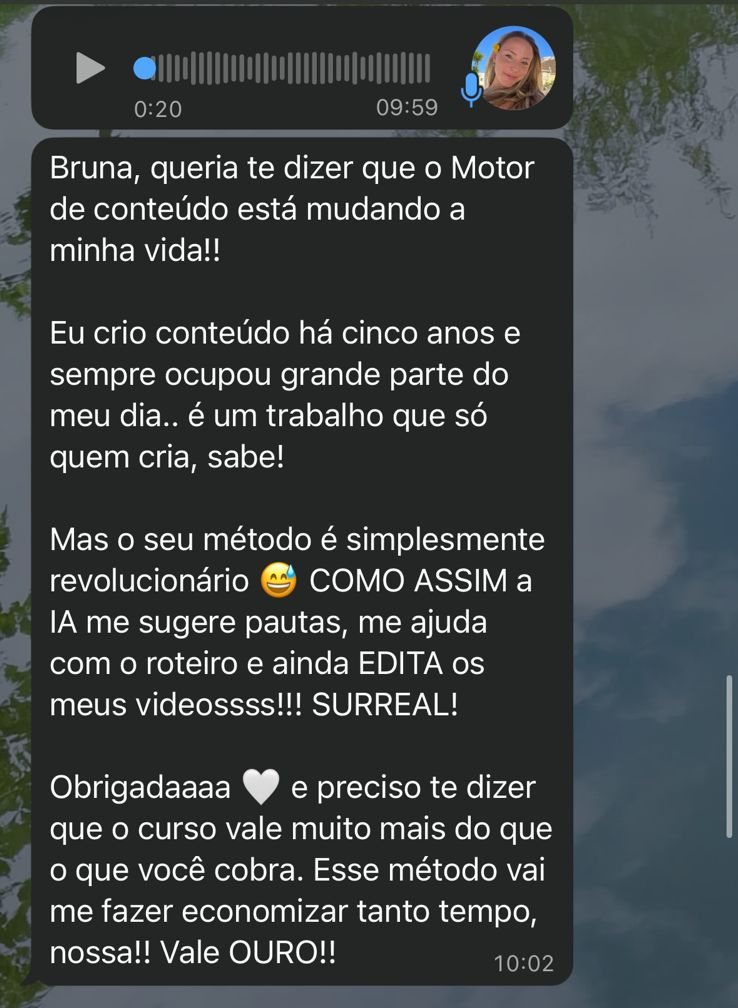 Mensagem de Iasmin Maionchi dizendo que o Motor de Conteúdo mudou a vida dela